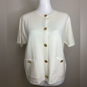 Zara Cream Short Sleeve Button-Up Gold Button Cardigan Sweater XL
